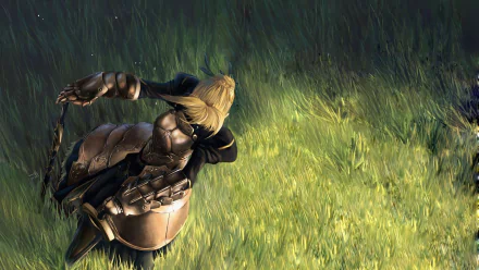 Saber from the Fate series is depicted in this HD PC desktop wallpaper, showcasing her dynamic pose and intricately detailed armor against a vibrant grassy backdrop.