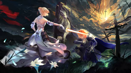 High-definition wallpaper featuring Saber and Saber Lily from the Fate series in a dramatic battle scene amidst a dark, stormy sky with glowing swords and a sense of action.