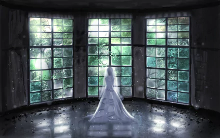 A serene anime scene shows a figure in a flowing white dress standing in a dark room surrounded by large windows, revealing lush greenery outside. This HD wallpaper captures a tranquil atmosphere.