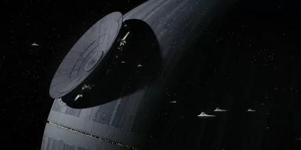 HD desktop wallpaper featuring the Death Star from Rogue One: A Star Wars Story. The iconic space station looms ominously with small ships in the foreground.
