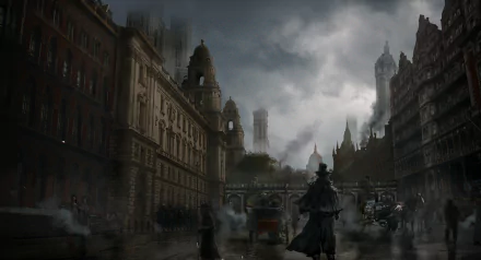 HD PC desktop wallpaper showcasing a foggy, steampunk cityscape blending sci-fi elements with Victorian architecture under a gloomy, clouded sky.