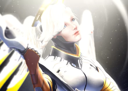 A high-definition desktop wallpaper featuring Mercy from Overwatch, showcasing her iconic look and ethereal presence in a dynamic, visually striking design.