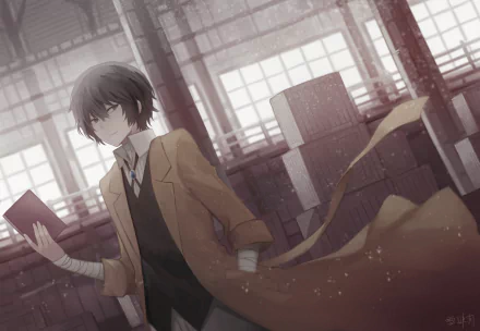 Anime character Osamu Dazai from Bungou Stray Dogs stands with a book in hand, wearing a long coat. The background features industrial elements with a warm, ambient light. HD desktop wallpaper.
