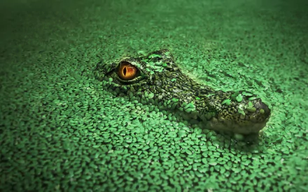 A high-definition wallpaper featuring a crocodile partially submerged in green water, its distinctive eye peering through a layer of leafy vegetation.