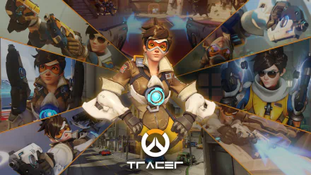 HD PC desktop wallpaper featuring Tracer from the video game Overwatch, showcasing multiple dynamic poses against a futuristic backdrop.