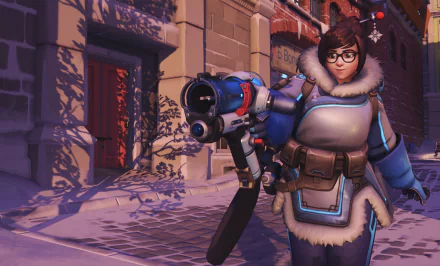 Mei from Overwatch stands ready with her weapon in a snowy urban setting, captured in a detailed 4K Ultra HD PC desktop wallpaper.