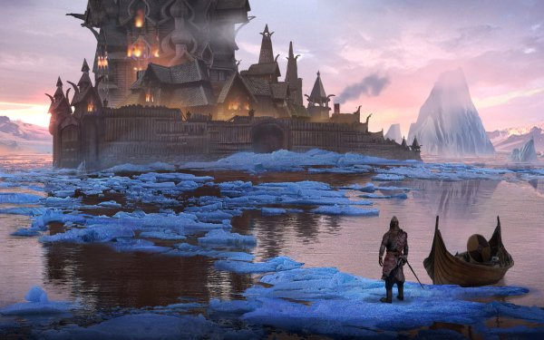 Fantasy Viking Warrior City Landscape Lake Boat HD Wallpaper | Background Image