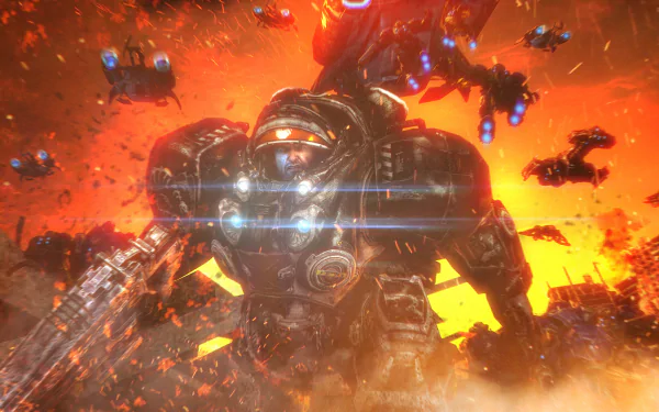 HD PC desktop wallpaper depicting a heavily armored warrior from the video game Starcraft II, set against a fiery, intense battle scene.