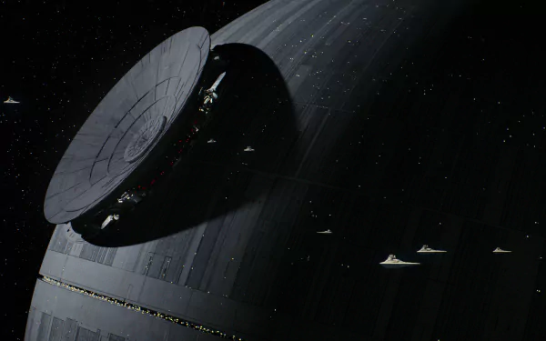 HD desktop wallpaper featuring the Death Star from Rogue One: A Star Wars Story. The iconic space station looms ominously with small ships in the foreground.