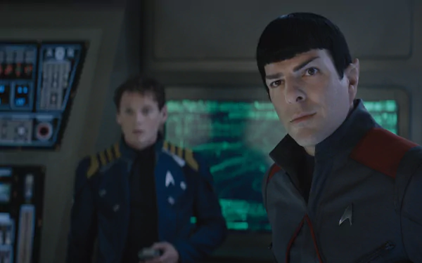 HD desktop wallpaper featuring Zachary Quinto and Anton Yelchin from the movie Star Trek Beyond in their Star Trek uniforms aboard a spaceship bridge.