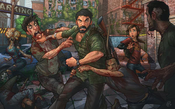 Ellie and Joel from *The Last of Us* engage in a tense battle against infected in a post-apocalyptic urban setting. HD wallpaper showcasing intense action and detailed characters.