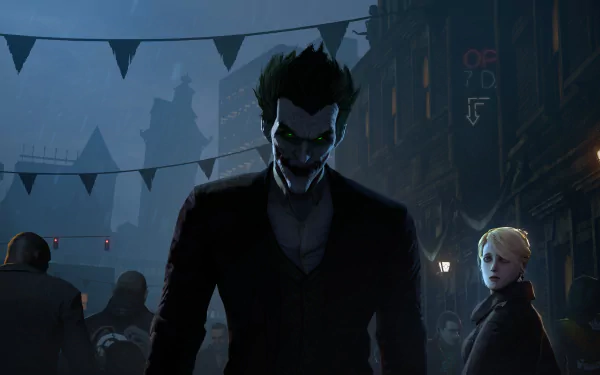 HD wallpaper featuring the Joker from the video game Batman: Arkham Origins, set in a dark, atmospheric street scene with characters and festive decorations.