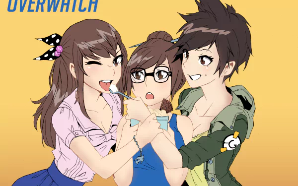 HD Overwatch desktop wallpaper featuring video game characters D.Va, Mei, and Tracer in a playful group pose against a yellow background.