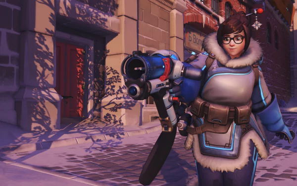 Mei from Overwatch stands ready with her weapon in a snowy urban setting, captured in a detailed 4K Ultra HD PC desktop wallpaper.