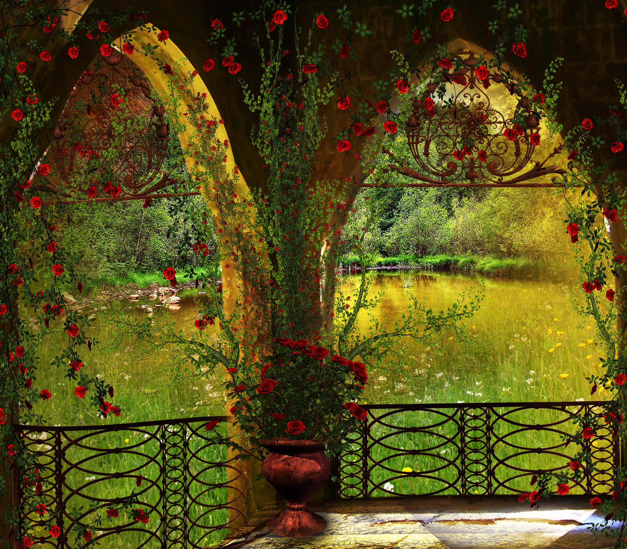 Red Rose Gazebo with Arches by sternenfee59