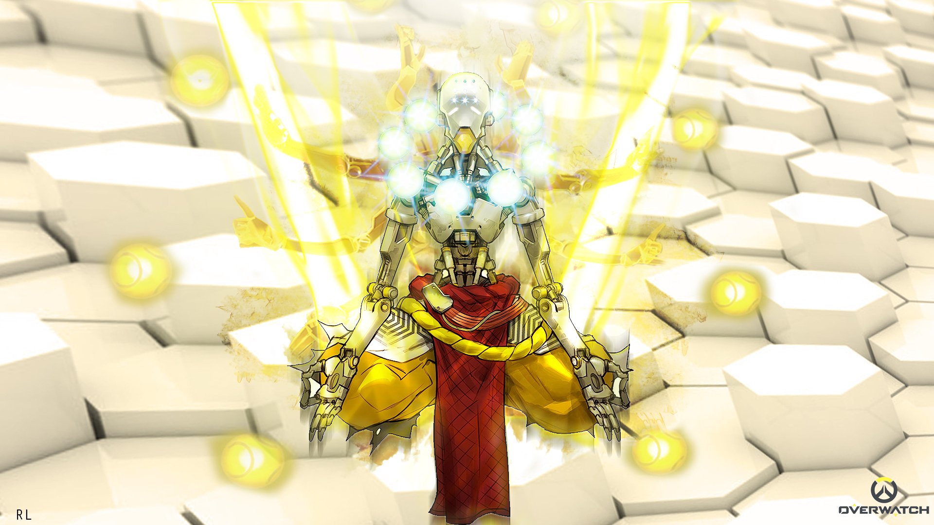 HD PC desktop wallpaper featuring Zenyatta from Overwatch, depicted in a meditative pose with glowing orbs and golden light effects in a hexagonal background.