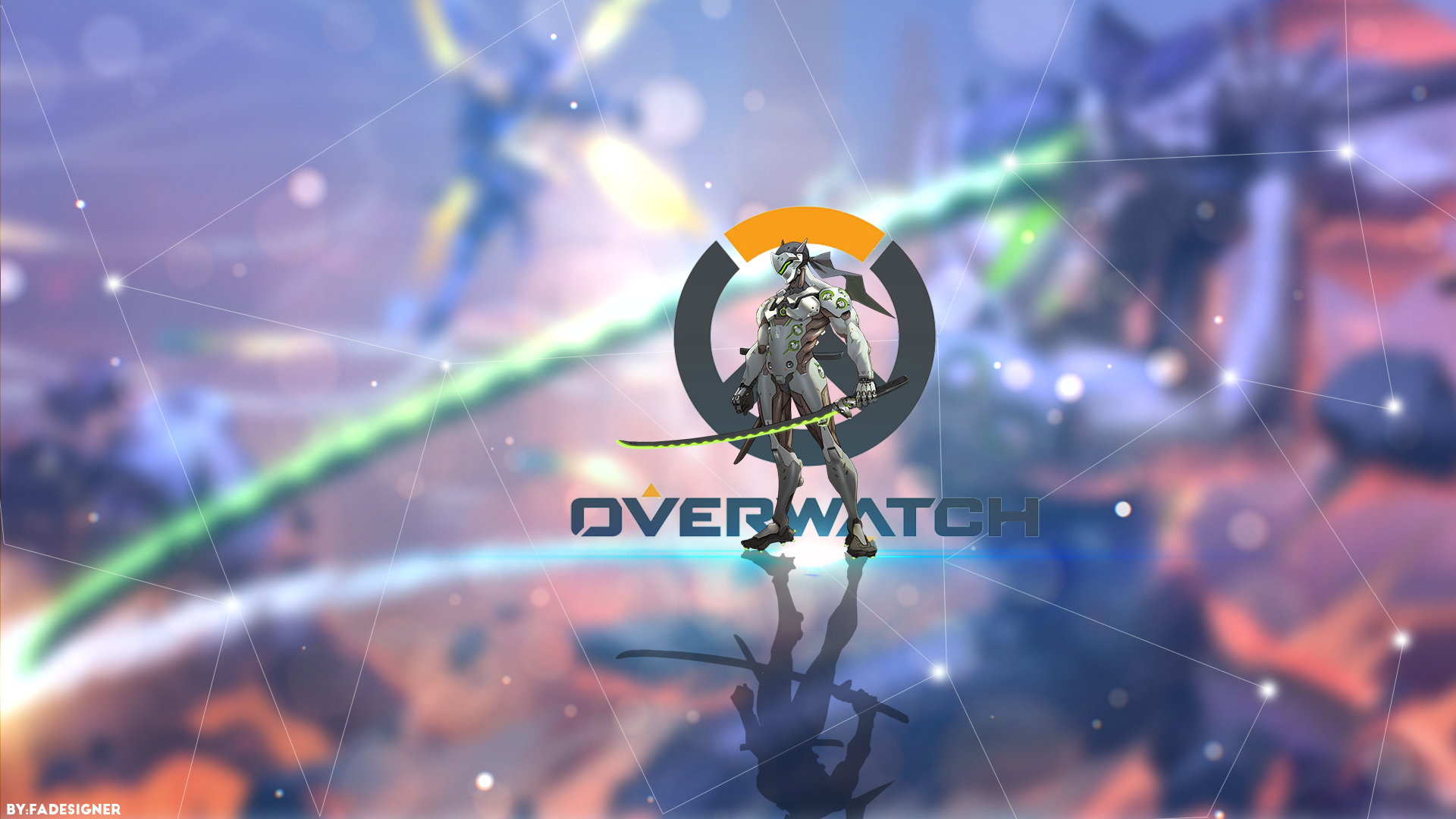 HD PC desktop wallpaper featuring Genji from the video game Overwatch, with a dynamic, futuristic background and the Overwatch logo at center.