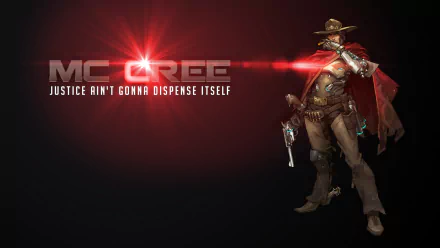 A dynamic HD wallpaper featuring McCree from Overwatch, showcasing his signature pose, with the quote Justice ain’t gonna dispense itself prominently displayed.