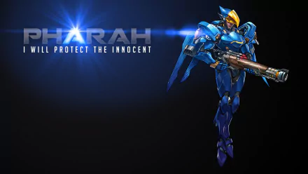 HD PC desktop wallpaper featuring Pharah from Overwatch, with the tagline I will protect the innocent alongside her armored, blue combat suit.