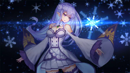 A stunning HD wallpaper featuring Emilia from Re:ZERO - Starting Life in Another World, adorned in intricate attire against a magical backdrop of snowflakes and shimmering lights.