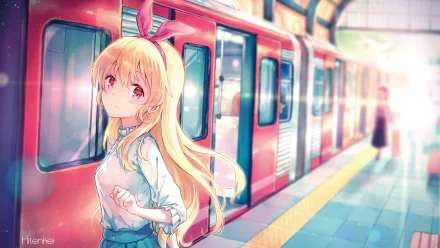 A vibrant HD wallpaper featuring Ichigo Hoshimiya from Aikatsu!, standing at a train station with a friendly expression and her signature pink ribbon, surrounded by colorful scenery.