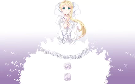 Asseylum Vers Allusia from Aldnoah.Zero in an elegant white dress with a soft purple gradient background, featured in an HD anime desktop wallpaper.