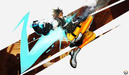 4K Ultra HD PC desktop wallpaper featuring Tracer from the video game Overwatch in dynamic action pose with vibrant blue energy trails.