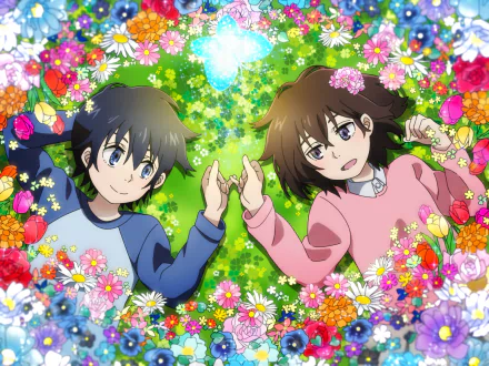 A vibrant HD wallpaper featuring Satoru Fujinuma and Kayo Hinazuki from the anime Erased, surrounded by colorful flowers and a bright, enchanting background.