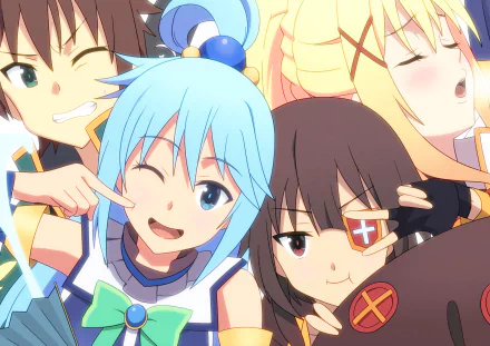 A vibrant HD desktop wallpaper featuring Kazuma Satou, Aqua, Megumin, and Darkness from the anime KonoSuba - God’s Blessing on This Wonderful World!!, all making playful faces.