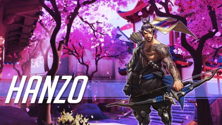 HD wallpaper featuring Hanzo from Overwatch, showcasing the character in a vibrant, cherry blossom-filled setting with traditional architecture.