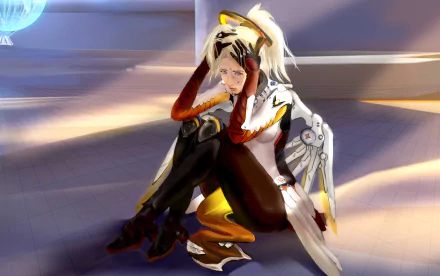 A high-definition desktop wallpaper featuring Mercy from Overwatch, sitting with a contemplative expression, embodying the character's complexity in the vibrant video game universe.