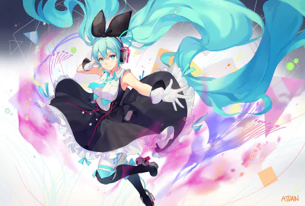 HD anime desktop wallpaper featuring Hatsune Miku, the iconic Vocaloid, with vibrant colors and dynamic motion in a stylish black outfit.