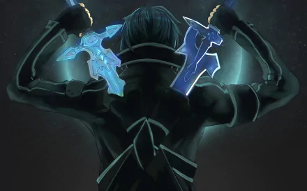 Kazuto Kirigaya from Sword Art Online stands poised with two glowing swords, showcasing a dynamic and engaging anime-inspired background in this HD desktop wallpaper.