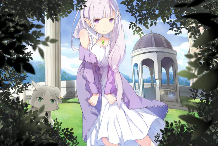HD desktop wallpaper featuring Emilia and Pack from the anime Re:Zero - Starting Life in Another World, set in a picturesque garden with classical architecture and lush greenery.