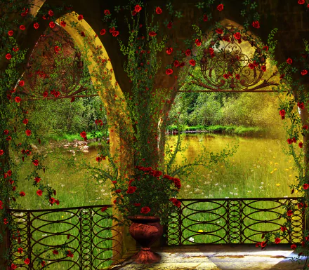 Artistic HD desktop wallpaper featuring a pond view framed by a gazebo arch adorned with vibrant red roses and lush greenery.