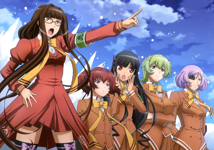 4K Ultra HD wallpaper featuring Nachi, Myoukou, Hiei, Haguro, and Ashigara from the anime Arpeggio of Blue Steel, standing together against a blue sky.