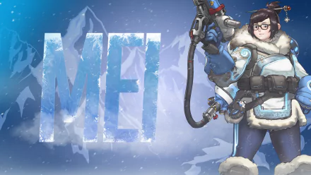 Mei (Overwatch) from the video game Overwatch — 2K Quad HD PC desktop wallpaper/background showing Mei in winter gear and a frosted MEI logo over icy mountains.