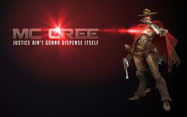 A dynamic HD wallpaper featuring McCree from Overwatch, showcasing his signature pose, with the quote Justice ain’t gonna dispense itself prominently displayed.