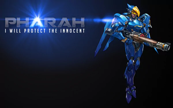 HD PC desktop wallpaper featuring Pharah from Overwatch, with the tagline I will protect the innocent alongside her armored, blue combat suit.