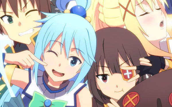 A vibrant HD desktop wallpaper featuring Kazuma Satou, Aqua, Megumin, and Darkness from the anime KonoSuba - God’s Blessing on This Wonderful World!!, all making playful faces.