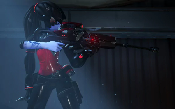 Widowmaker from Overwatch aims her sniper rifle in a dark, futuristic setting; a 4K Ultra HD PC desktop wallpaper showcasing the video game character in high detail.
