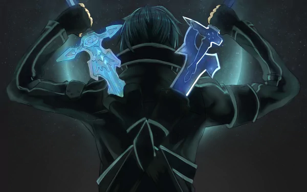 Kazuto Kirigaya from Sword Art Online stands poised with two glowing swords, showcasing a dynamic and engaging anime-inspired background in this HD desktop wallpaper.