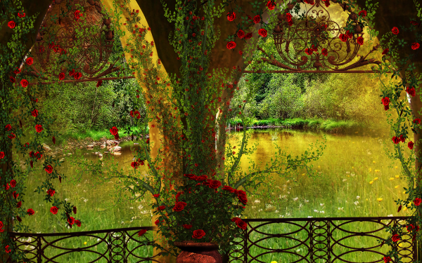 Artistic Rose Gazebo Arch Red Rose Pond HD Wallpaper | Background Image