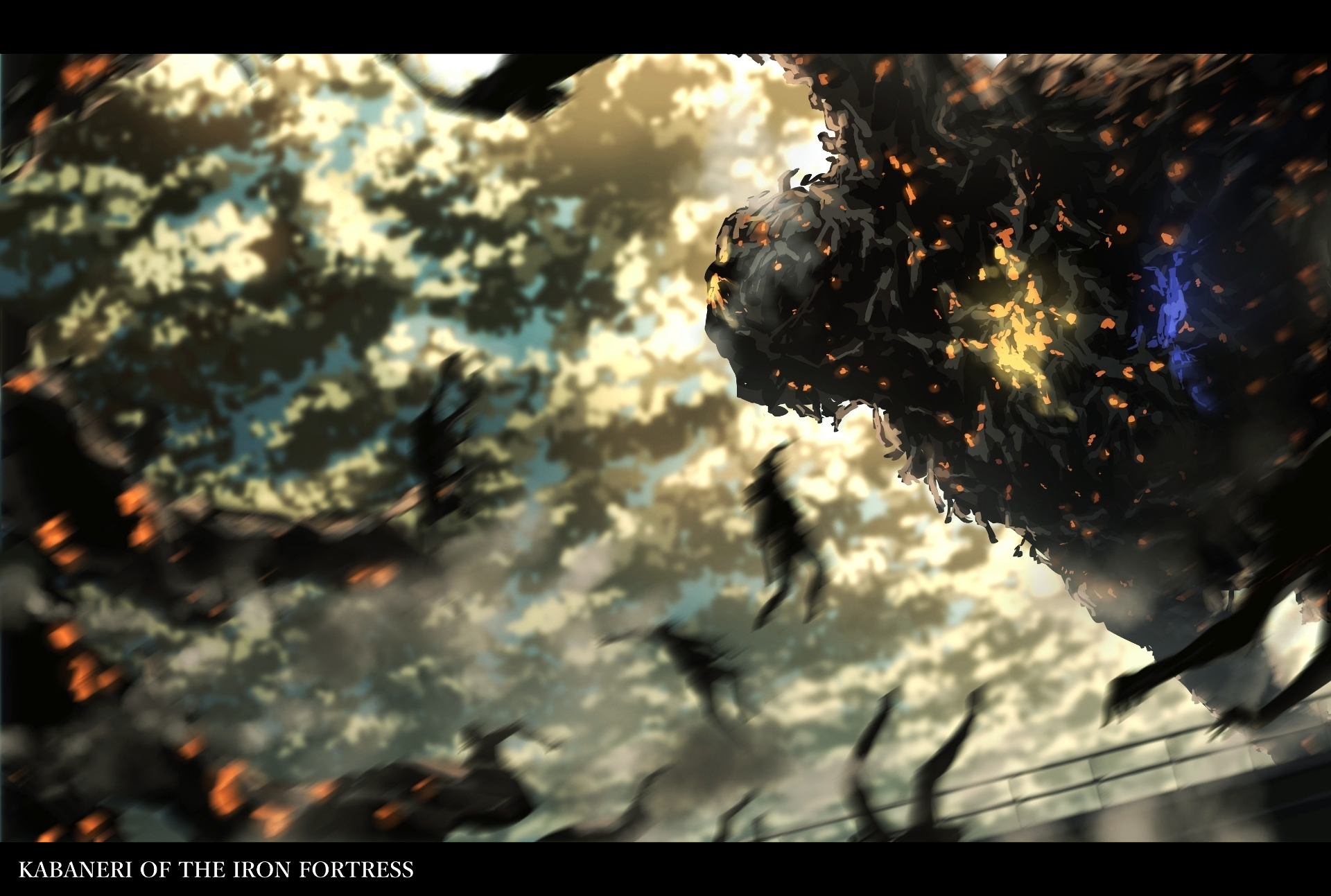 A dramatic scene from Kabaneri of the Iron Fortress, featuring a towering creature amidst a stormy sky, creating an intense atmosphere for an HD anime desktop wallpaper.