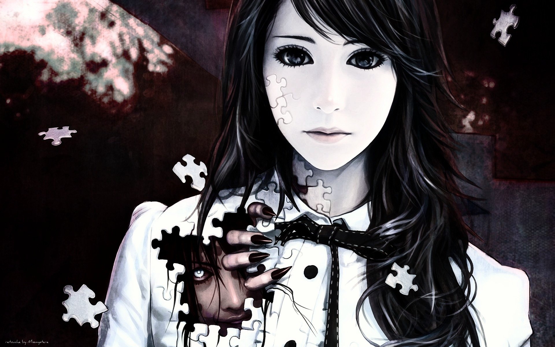 Artistic HD fantasy wallpaper featuring a woman with puzzle pieces interwoven into her image, blending surreal and mysterious elements for a captivating desktop background.