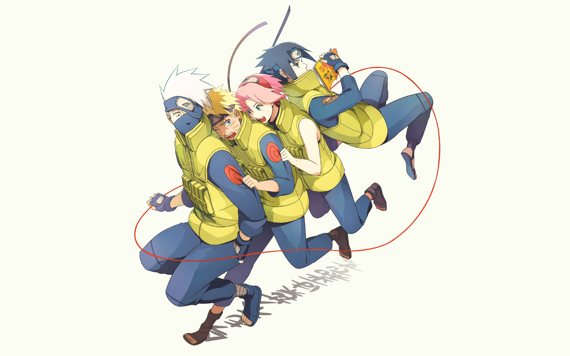 A dynamic HD anime wallpaper featuring Naruto Uzumaki, Sasuke Uchiha, Sakura Haruno, and Kakashi Hatake, showcasing their teamwork in vibrant colors and energetic poses.