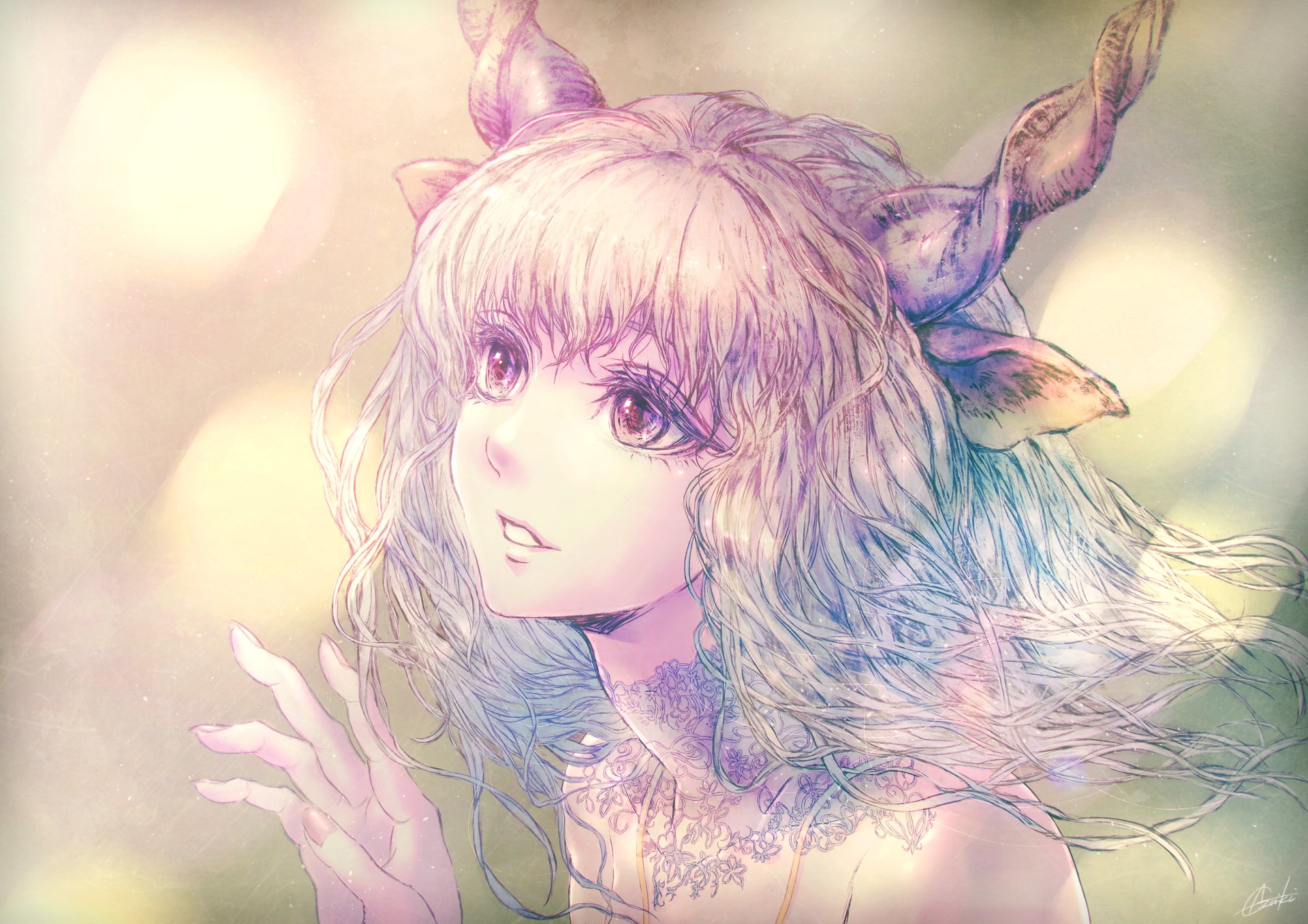 Fantasy artwork of a woman with white hair, animal ears, and horns, captured in soft, ethereal lighting as an HD PC desktop wallpaper background.