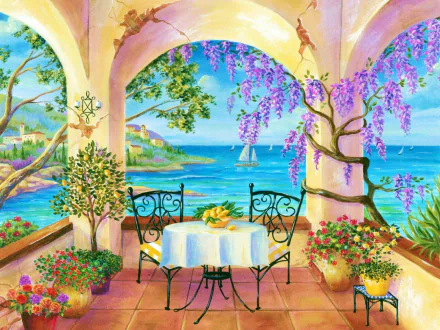 Artistic HD painting of a tropical ocean view from a porch with columns, vibrant flowers, and a sailboat in the distance, designed as a PC desktop wallpaper.