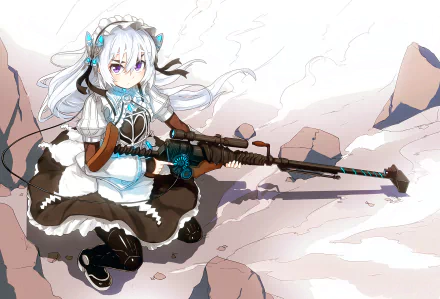HD wallpaper featuring Chaika Trabant from Chaika - The Coffin Princess, depicted in a striking pose with a rifle, surrounded by a desolate landscape.