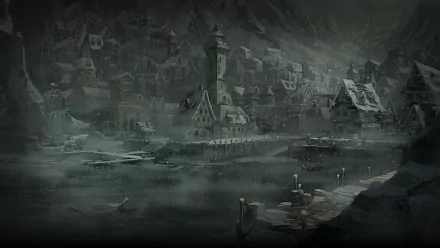 HD desktop wallpaper depicting a snowy, evening scene of a village from the game I Am Setsuna, with a tranquil harborside view.